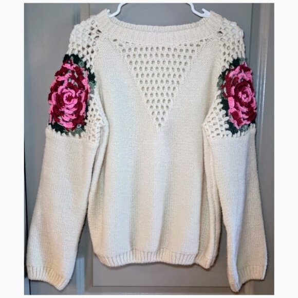 Floral Pattern Pointelle Knit Raglan Sleeve Sweater - Picture 2 of 8